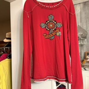 Red Long Sleeve double D ranch wear vintage extra long embellished shirt